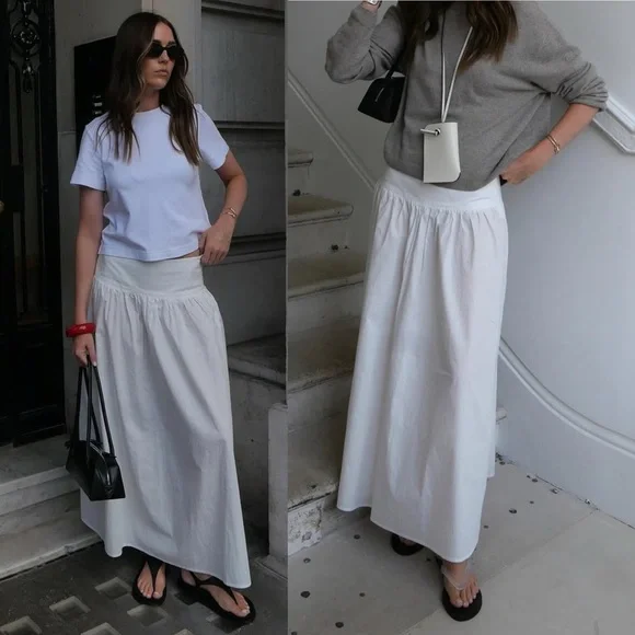 WEWOREWHAT Drop Waist Maxi Skirt White Cotton Poplin Smocked Back Size Small NWT - Picture 4 of 14